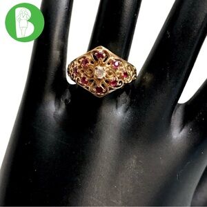10K SOLID YELLOW GOLD GENUINE DIAMOND AND RUBY FILAGREE RING (6.75)